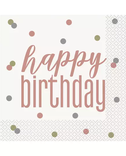 16 vita och roséguldfärgade pappersservetter Happy Birthday 33 x 33 cm