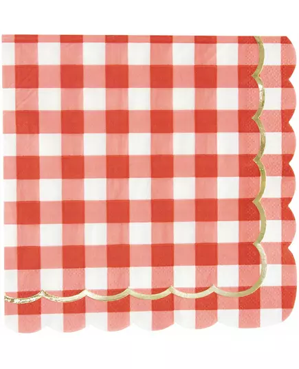 16 festongklippta pappersservetter med vichy- och guldmönster, 33 x 33 cm