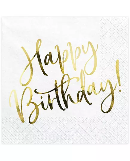 20 vita och guldfärgade pappersservetter Happy Birthday 33 x 33 cm