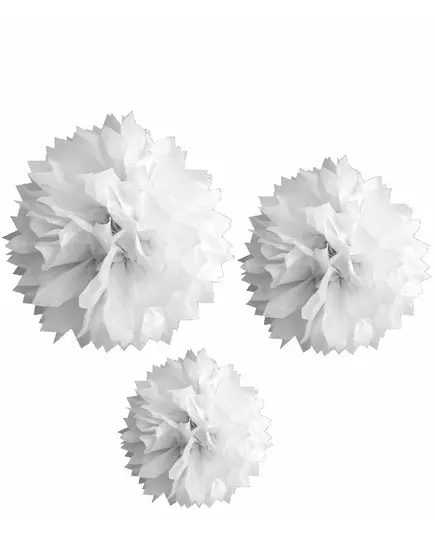 3 vita papperspompons 20, 30 och 40 cm