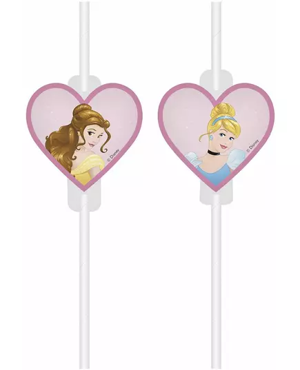 4 kartonghalmstrån med medaljong, Disney™-prinsessor och hjärtan
