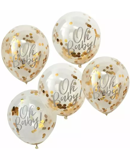 Genomskinliga ballonger Oh Baby med guldfärgade metalliska konfettier 30 cm