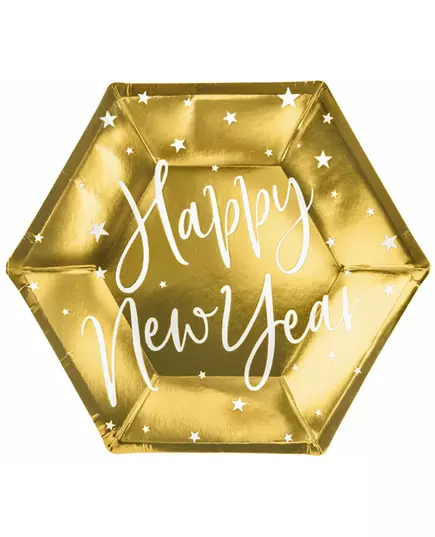 6 papperstallrikar Happy New Year guld 20 cm