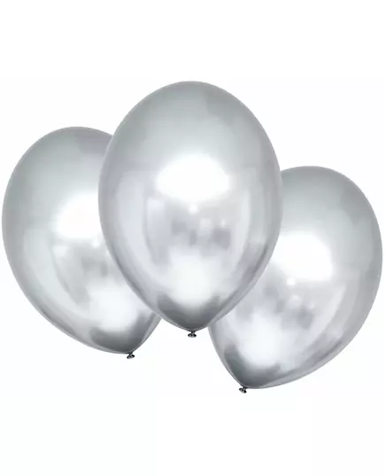 6 satinblanka silverfärgade latexballonger 28 cm