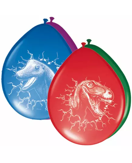 6 flerfärgade dinosaurielatexballonger 30 cm