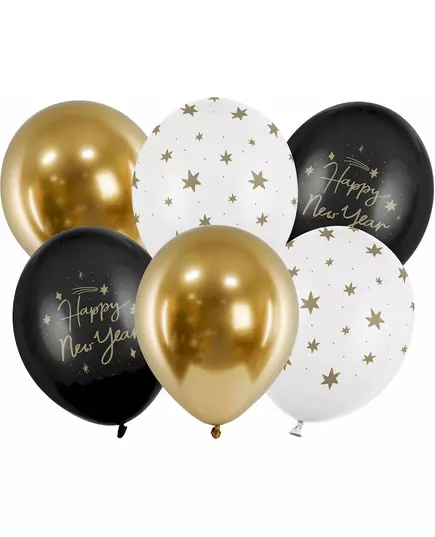 6 svarta och guldfärgade Happy New Year-ballonger 30 cm