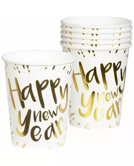 10 vita och guldfärgade Happy New Year pappmuggar 21 cl