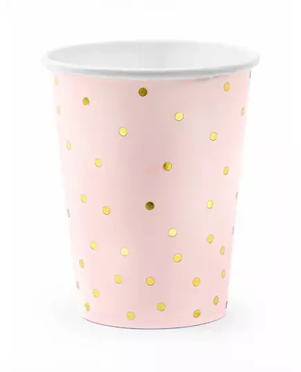 6 ljusrosa pappmuggar med guldfärgade prickar 260 ml