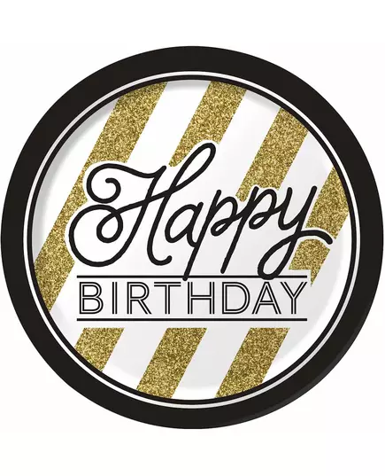 8 papperstallrikar Happy Birthday svart och guld 23 cm