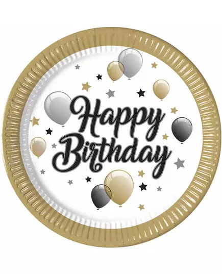 8 papperstallrikar happy birthday guldiga svarta silverfärgade 23 cm