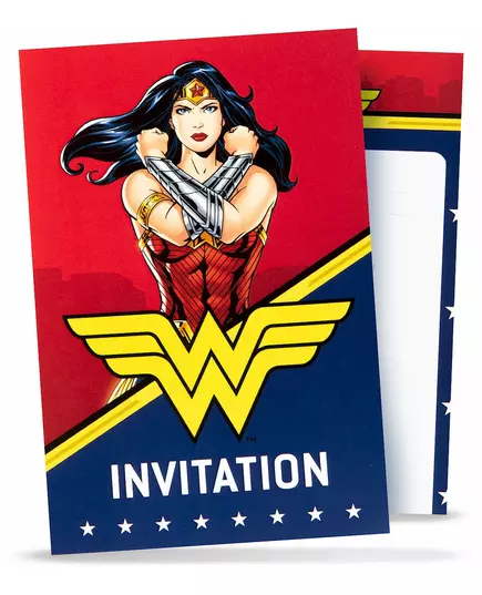 8 Wonder Woman™-inbjudningskort med kuvert 10x16cm