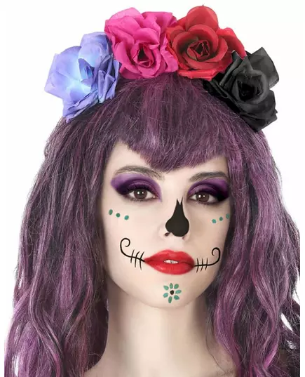 Hårband med flerfärgade blommor dia de los muertos vuxen