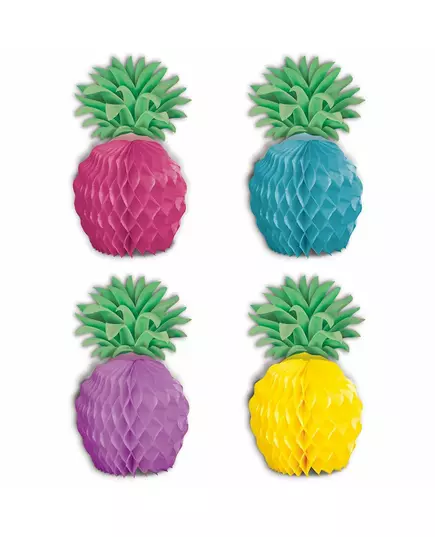 8 mini-bordsdekorationer i papper, flerfärgade ananaser 12 cm
