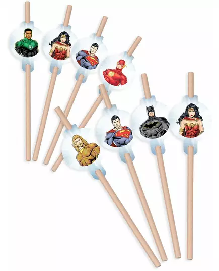 8 papperssugrör med medaljong Justice League™ 20 cm