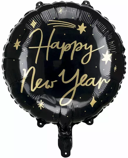 Svart och guldfärgad aluminiumfolieballong Happy New Year 45 cm
