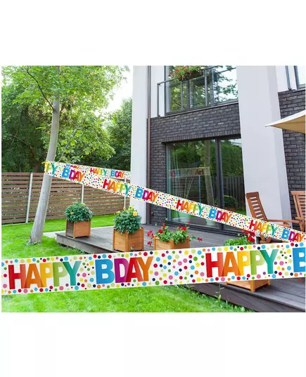 Happy birthday-banderoll med flerfärgade prickar 15 m