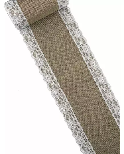 Bordslöpare i juteväv och spets 15 cm x 5 m