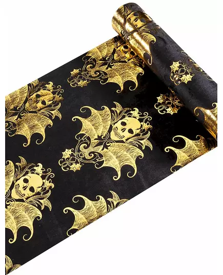Bordslöpare i svart sammet med gyllene barockskelett 3 m x 23 cm