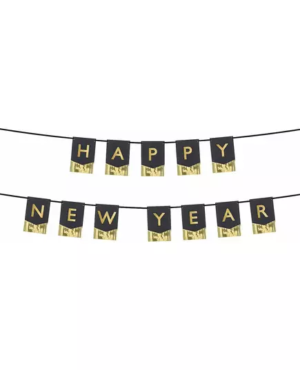 Vimpelgirlang Happy New Year svart och guld 135 cm