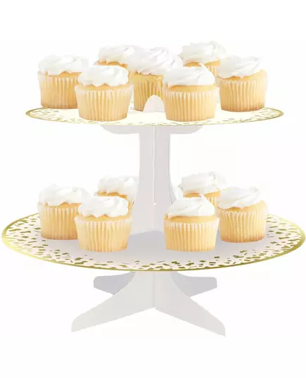 Cupcake-ställ i vit och guldfärgad kartong 31 x 24 cm