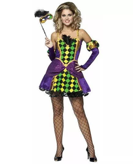 Karnevalsmaskeraddräkt harlekin för dam, lila-gul-grön clown