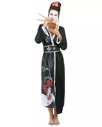 Svartvit maskeraddräkt som geisha dam, Storlek: Medium