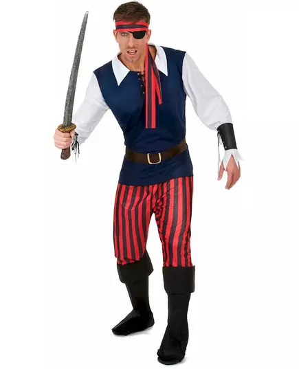 Piratmaskeraddräkt med röda och svarta ränder herr, Storlek: Large