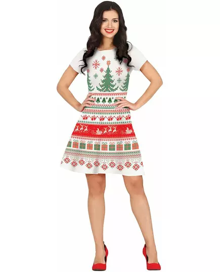 Damklänning med tryckta röda och gröna julmotiv, Storlek: Medium (38-40)