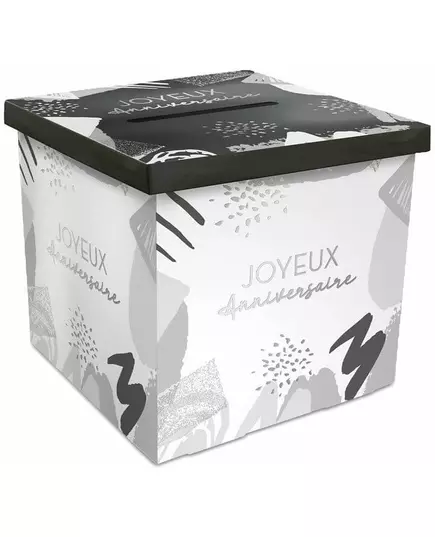 Vit och silverfärgad kartongurna Grattis på födelsedagen