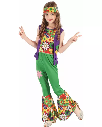 Grön hippie flower power-maskeraddräkt för flickor, Storlek: 4-6 år (110-120 cm)