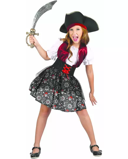 Piratmaskeraddräkt med dödskalletryck flicka, Storlek: 4-6 år (110-120 cm)