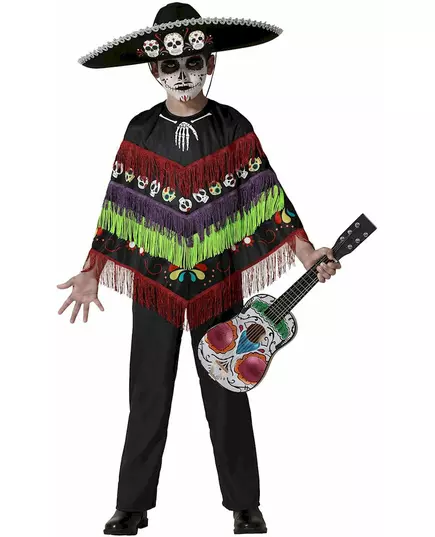 Skelettponchomaskeraddräkt Dia de los muertos barn, Storlek: 3-4 år (98-115 cm)