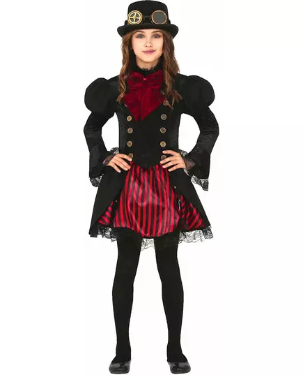 Glamorös röd steampunk-maskeraddräkt flicka, Storlek: 5-6 år (110-115 cm)