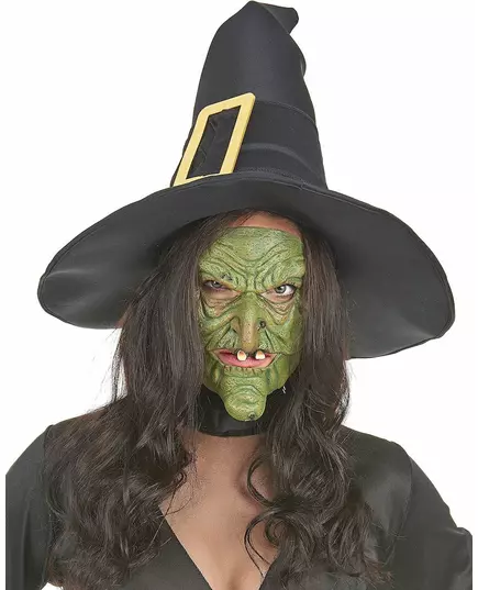 Halvmask i latex med näsa och haka, grön häxa vuxen