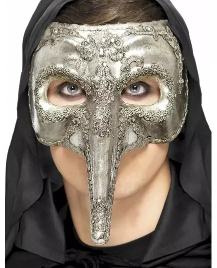 Lång venetiansk halvmask med silverfärgad lång näsa vuxen