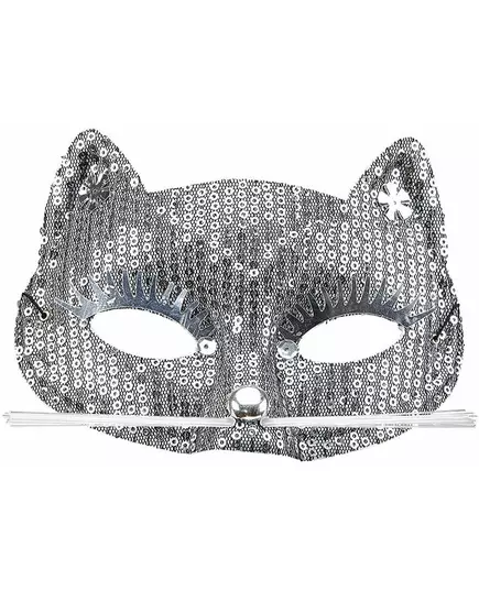 Silverfärgad paljettmask med kattmotiv för vuxen