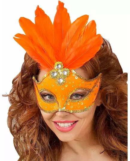 Orange mask med fjädrar dam