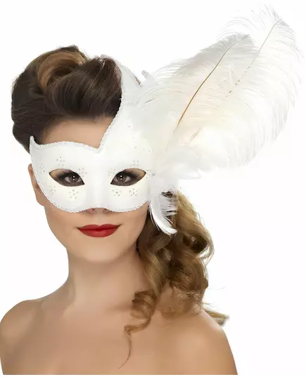 Vit venetiansk mask med vita fjädrar vuxen