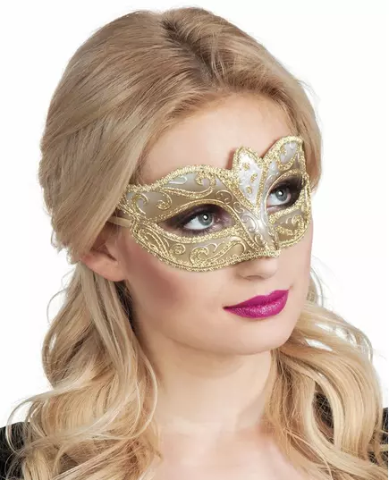 Gyllene paljettprydd venetiansk mask för dam