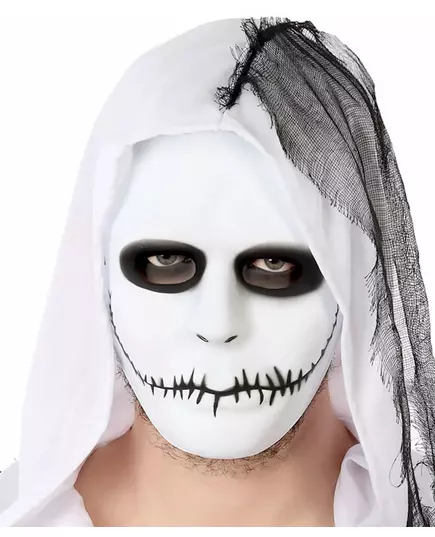 Vit mask med ihopsydd mun vuxen