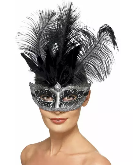 Grå venetiansk Colombina-mask med fjädrar vuxen