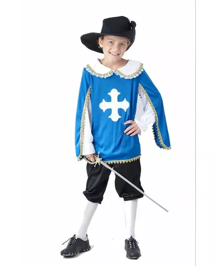 Blå musketerarmaskeraddräkt pojke, Storlek: 10-12 år (130-140 cm)