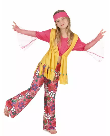 Färgglad hippie-maskeraddräkt flicka, Storlek: 10-12 år (130-140 cm)