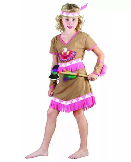 Rosa indianmaskeraddräkt med fransar flicka, Storlek: 7-9 år (120-130 cm)