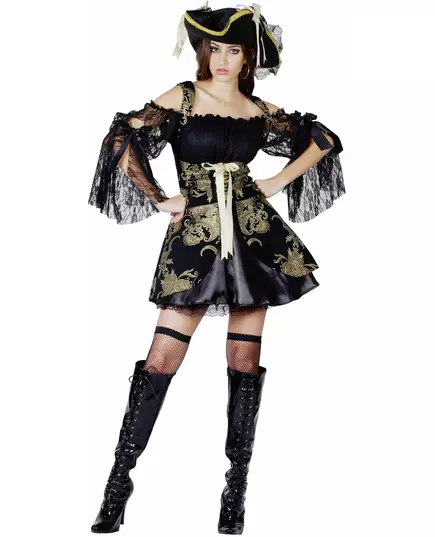 Svart och guldfärgad piratmaskeraddräkt dam, Storlek: Medium/Large