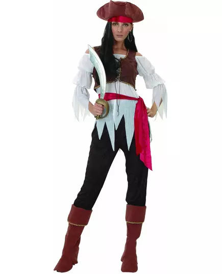 Brun och vit piratmaskeraddräkt dam, Storlek: Medium