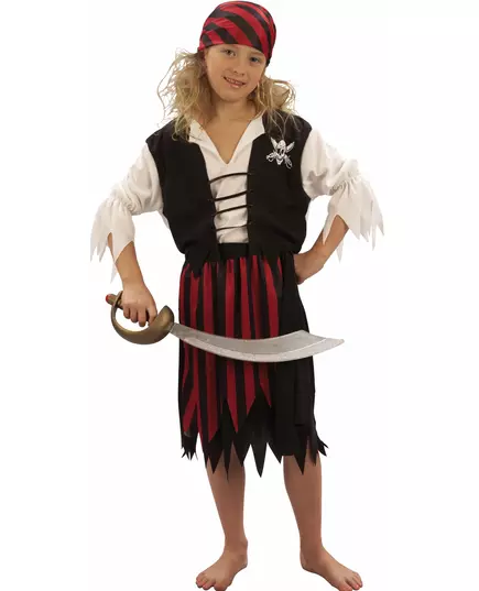 Svart och röd maskeraddräkt pirat korsar flicka, Storlek: 10-12 år (130-140 cm)