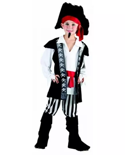 Piratmaskeraddräkt med svarta och vita ränder pojke, Storlek: 10-12 år (130-140 cm)
