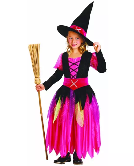 Rosa häxmaskeraddräkt flicka Halloween, Storlek: 10-12 år (130-140 cm)