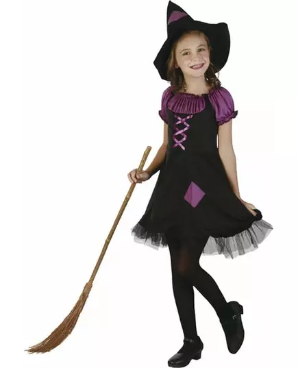 Lila häxmaskeraddräkt med hatt flicka, Storlek: 7-9 år (120-130 cm)